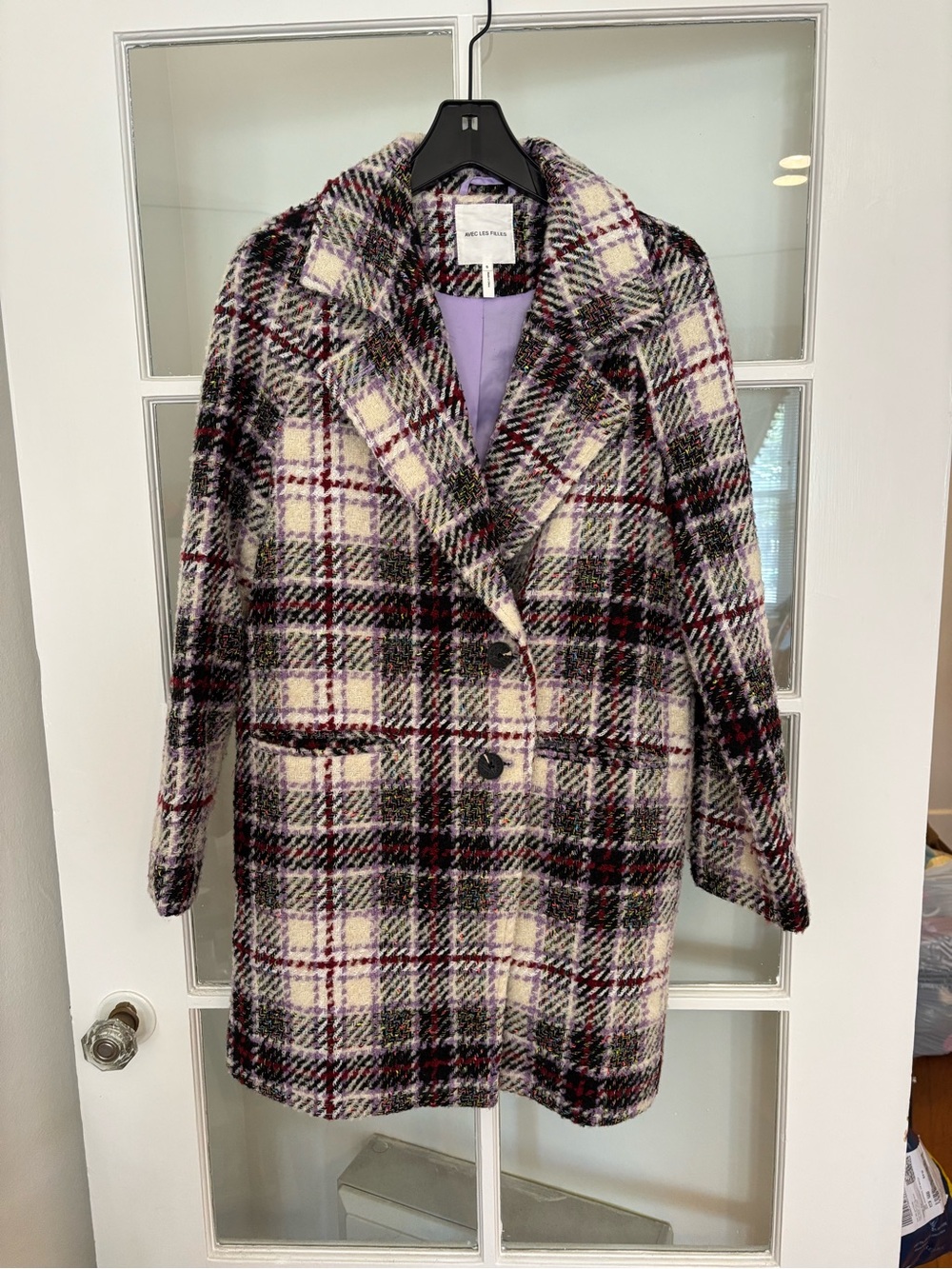 Aves Les Filles Plaid Wool-Blend Midi Coat in Cream & Purple